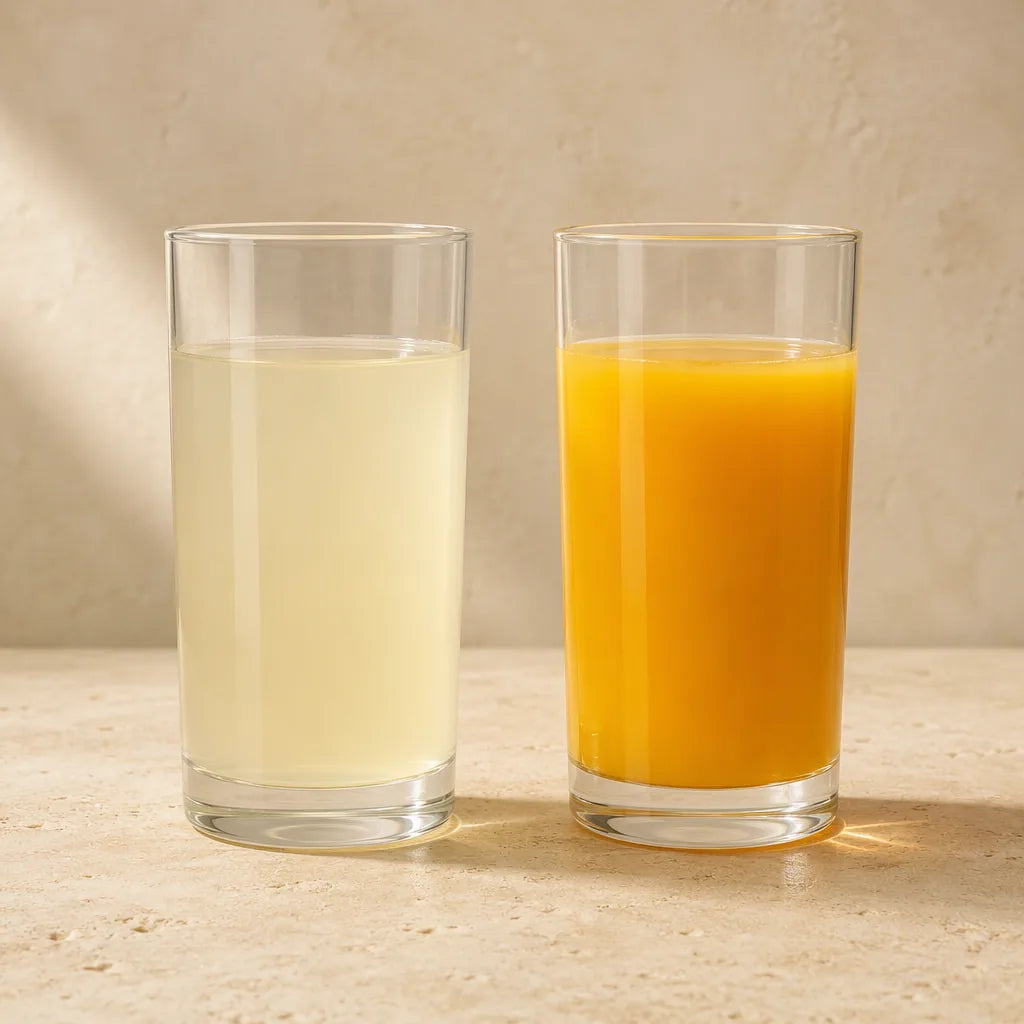Dois copos iguais lado a lado: um com suco claro e diluído em água, outro com o mesmo suco em concentração total