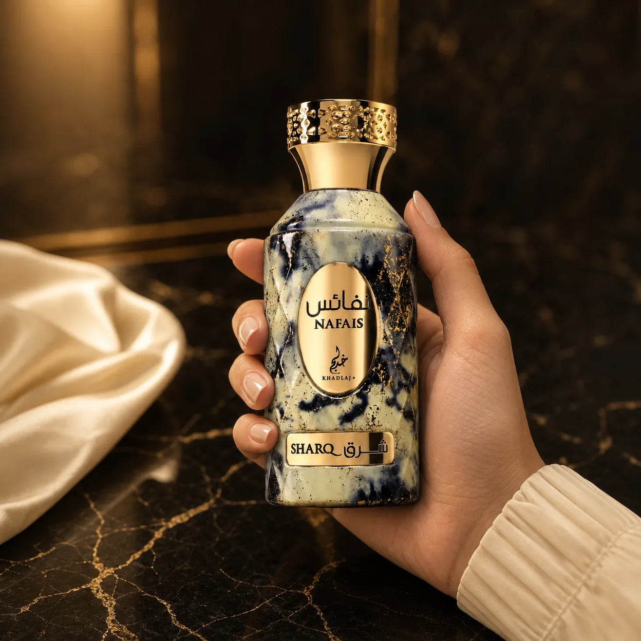 Mão segurando o frasco Khadlaj Nafais Sharq sobre mármore escuro com uma seda creme ao fundo