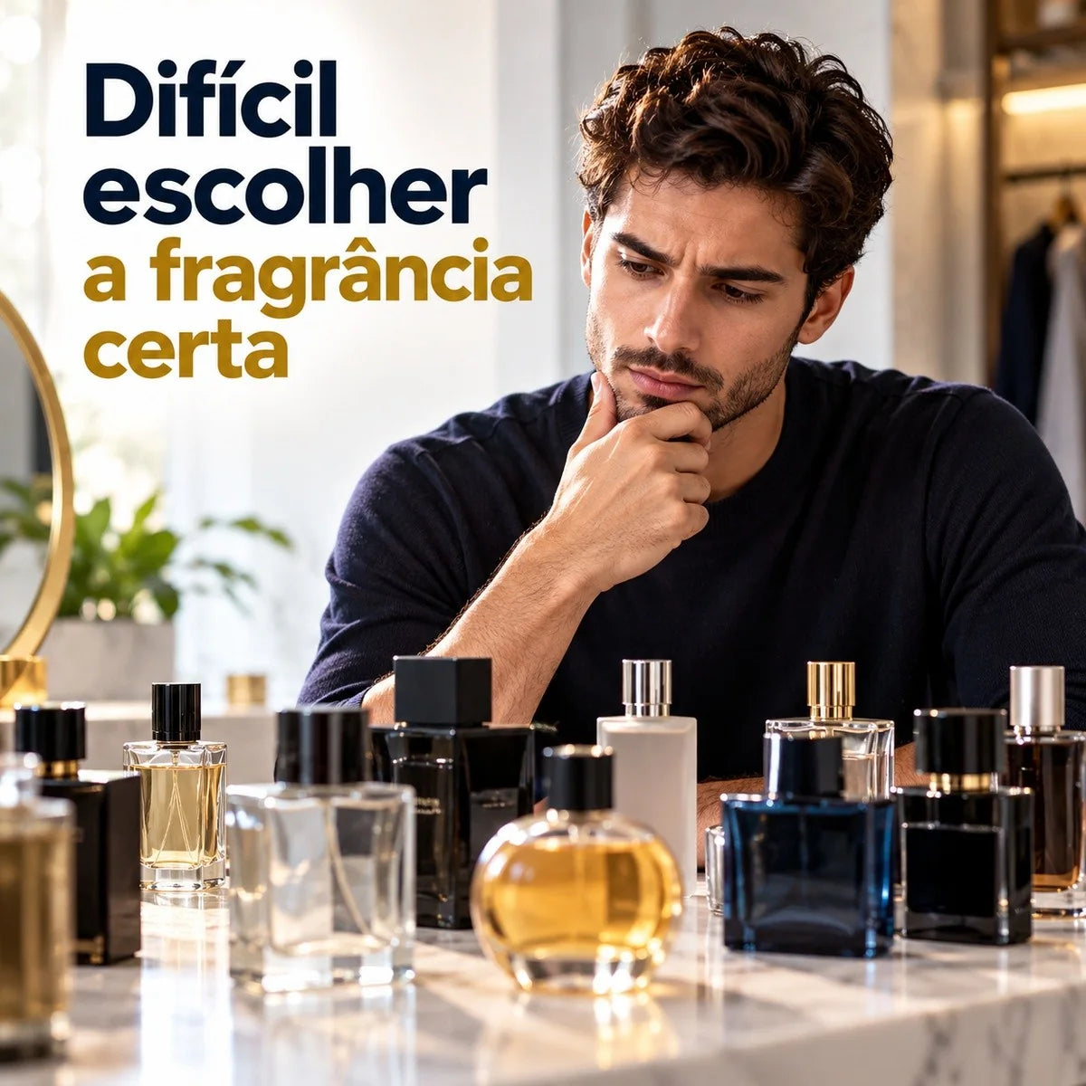 Homem em dúvida diante de vários frascos de perfume, com o texto Difícil escolher a fragrância certa