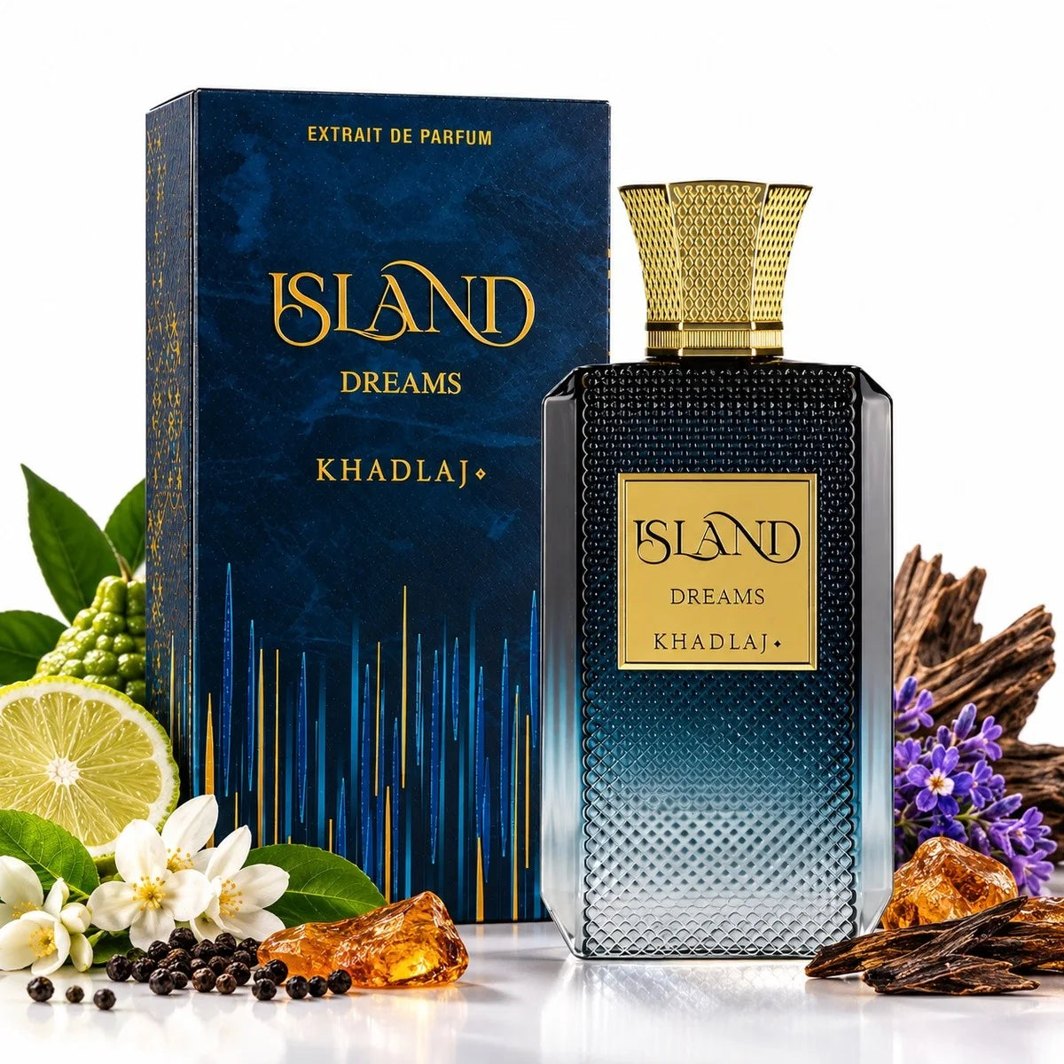 Frasco de Island Dreams cercado por limão, bergamota, flores brancas, pimenta, resina âmbar e madeira de oud