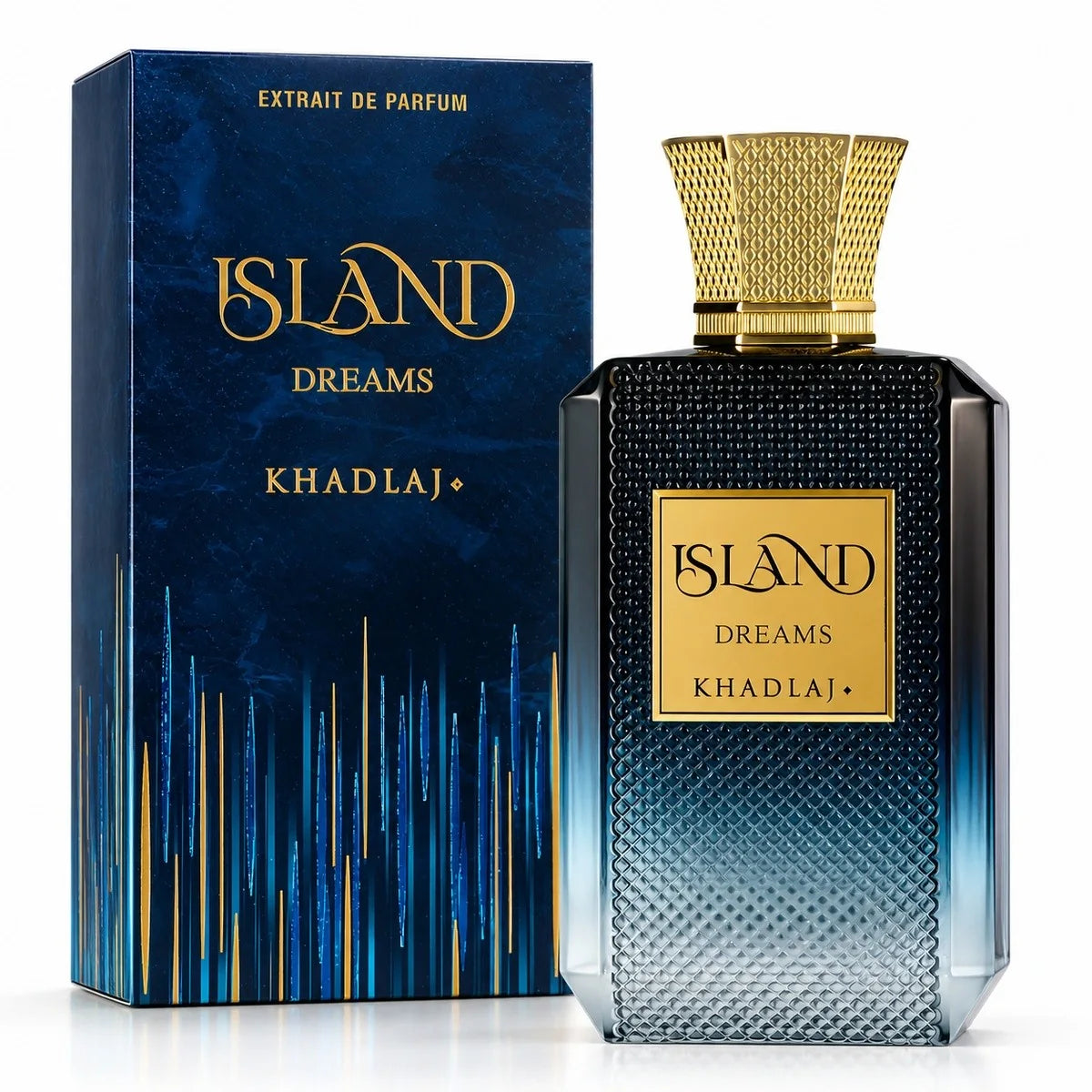 Frasco Island Dreams Extrait de Parfum 100ml ao lado da caixa azul com detalhes dourados