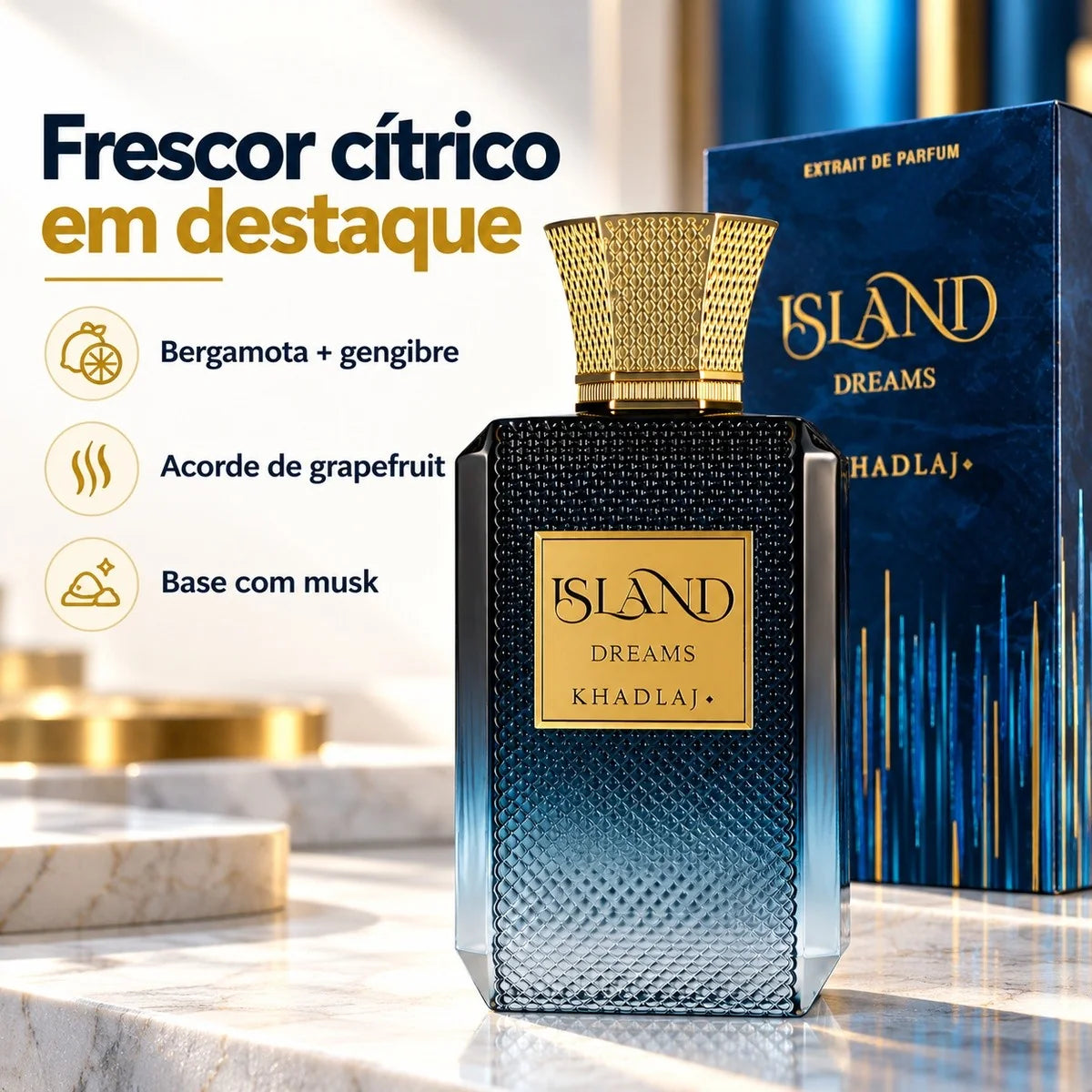 Frasco de Island Dreams sobre mármore com o texto Frescor cítrico em destaque e ícones de bergamota, grapefruit e musk