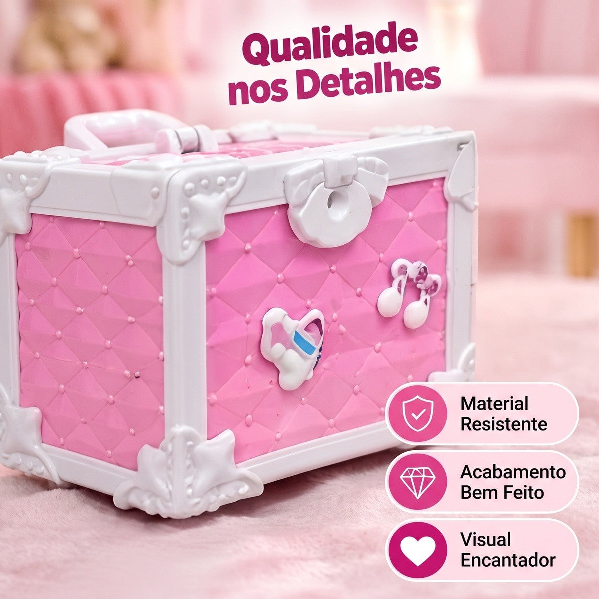 Detalhe do acabamento da maleta: material resistente, acabamento bem feito e visual encantador