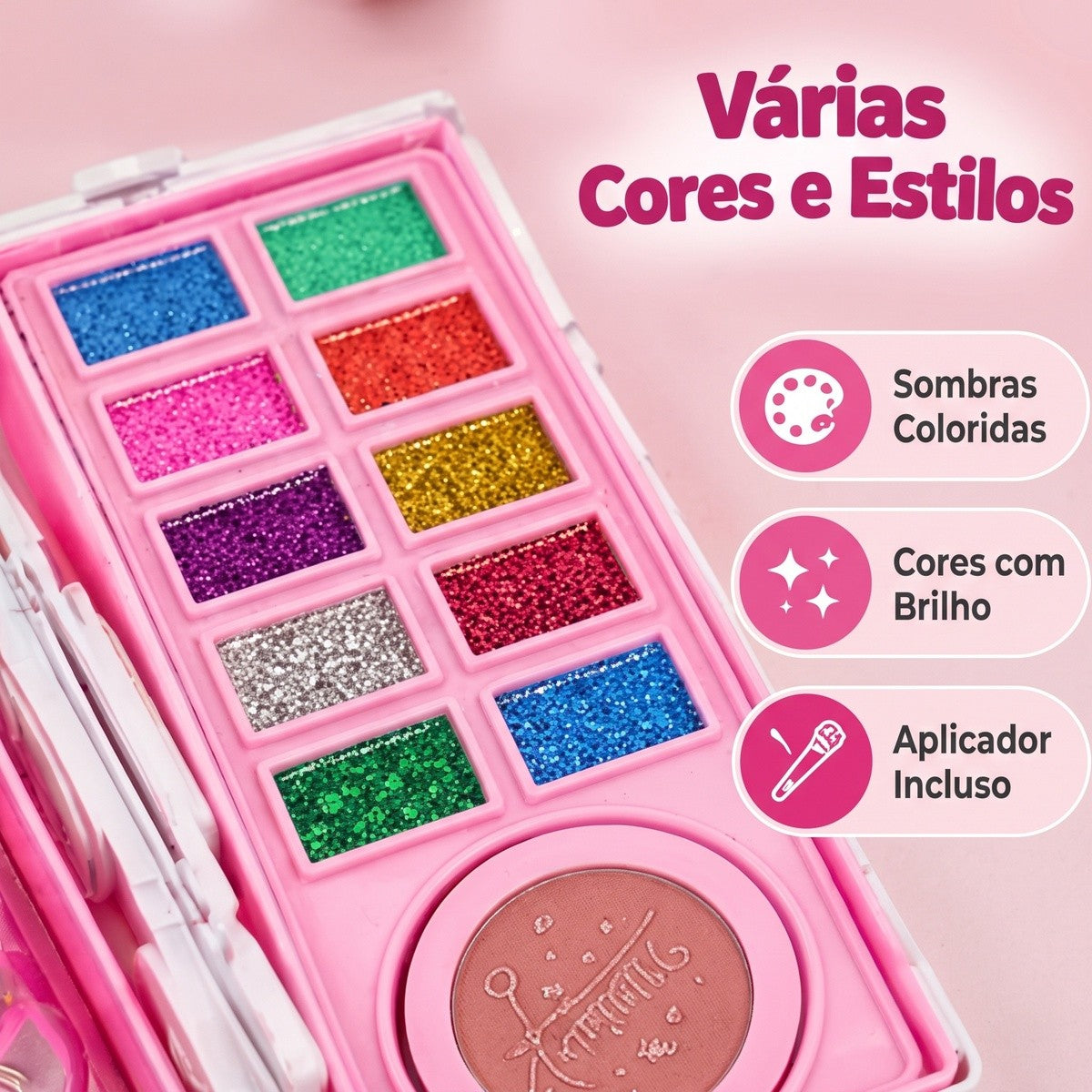 Paleta com sombras coloridas e brilhantes e blush, com aplicador incluso