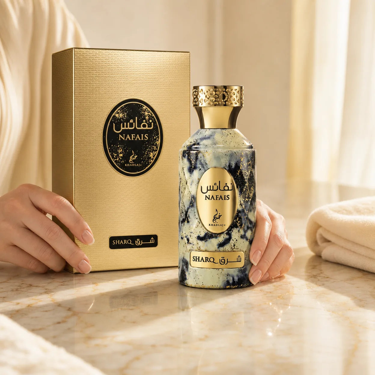 Frasco Khadlaj Nafais Sharq 100ml em vidro mármore creme e azul com tampa dourada, ao lado da caixa dourada